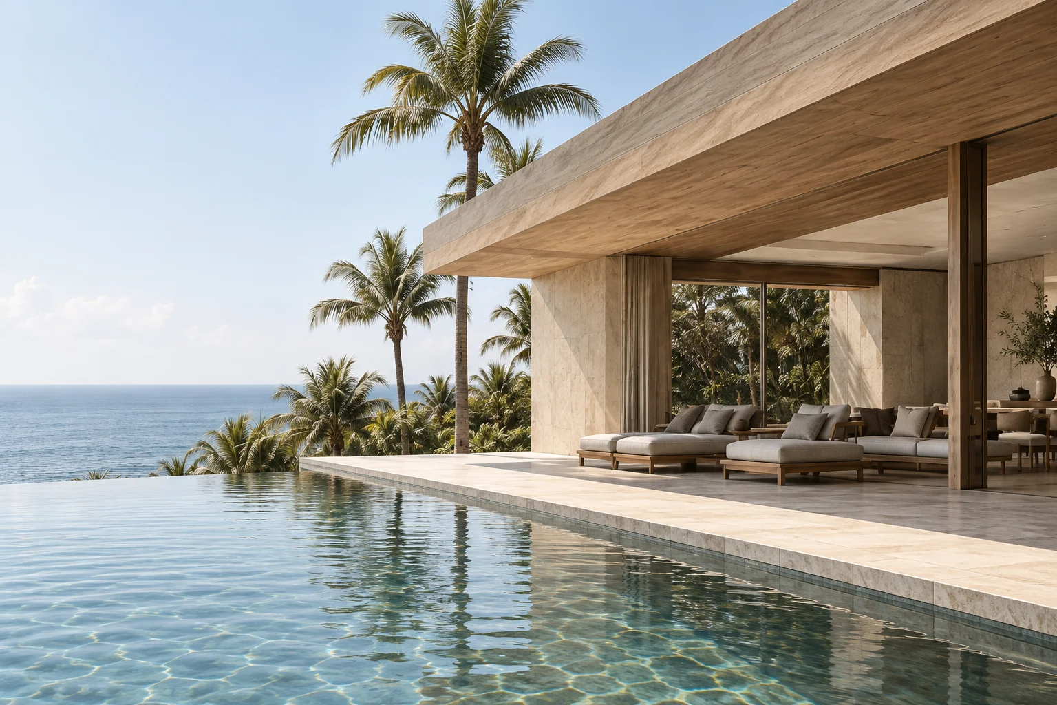 AI concept of a tropical stone villa beside an infinity pool