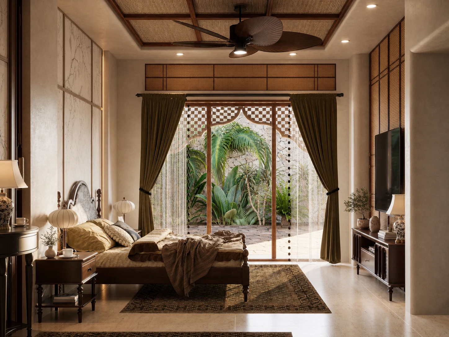 Warm contemporary Saudi villa interior designed with timber, woven cane and filtered light