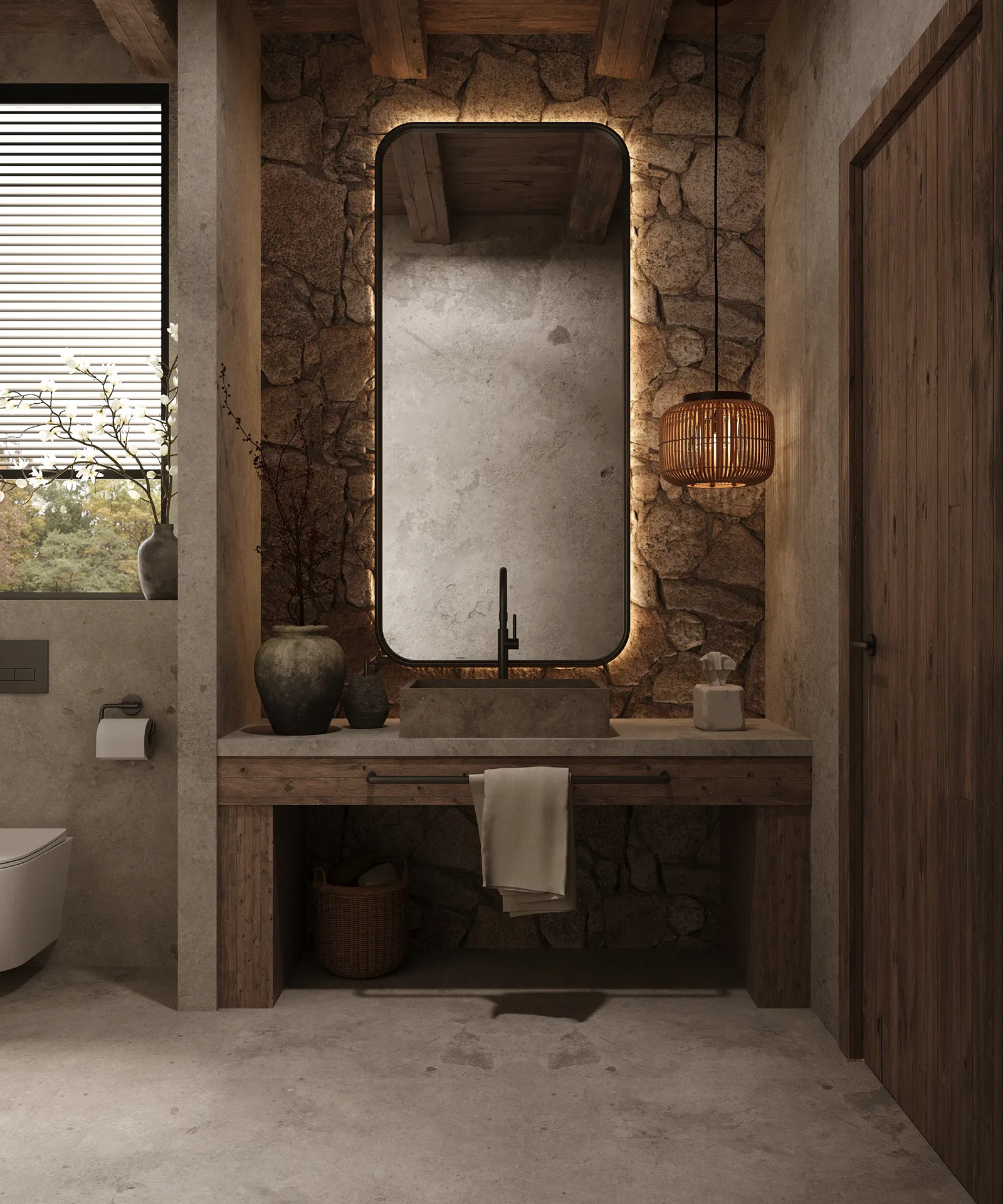 Altara Uluwatu bathroom with natural stone and timber vanity 3D visualization