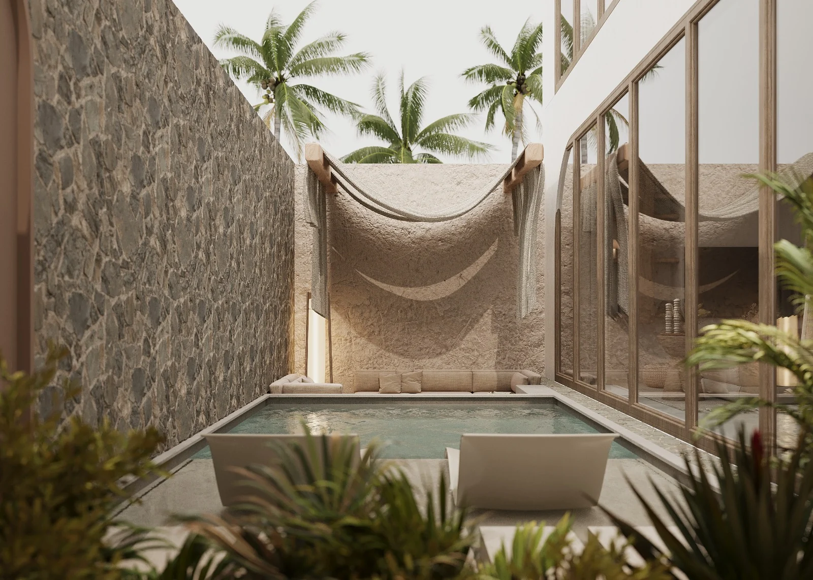 Bali villa pool and shaded outdoor living area