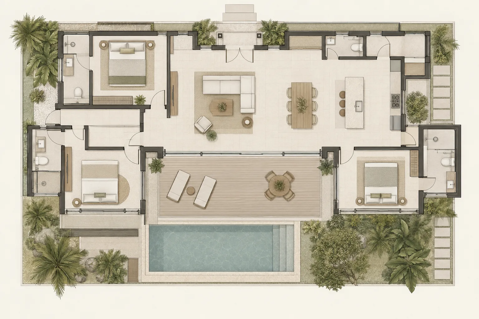 AI-generated two-dimensional villa floor plan example showing furniture layout and room organisation