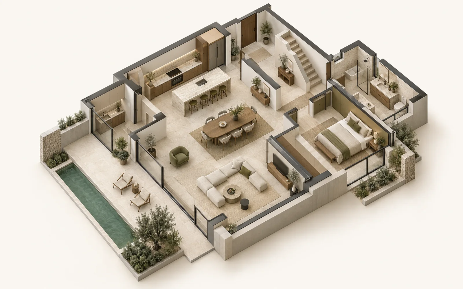 3D axonometric villa cutaway showing rooms, furniture, circulation, kitchen, bathroom and pool