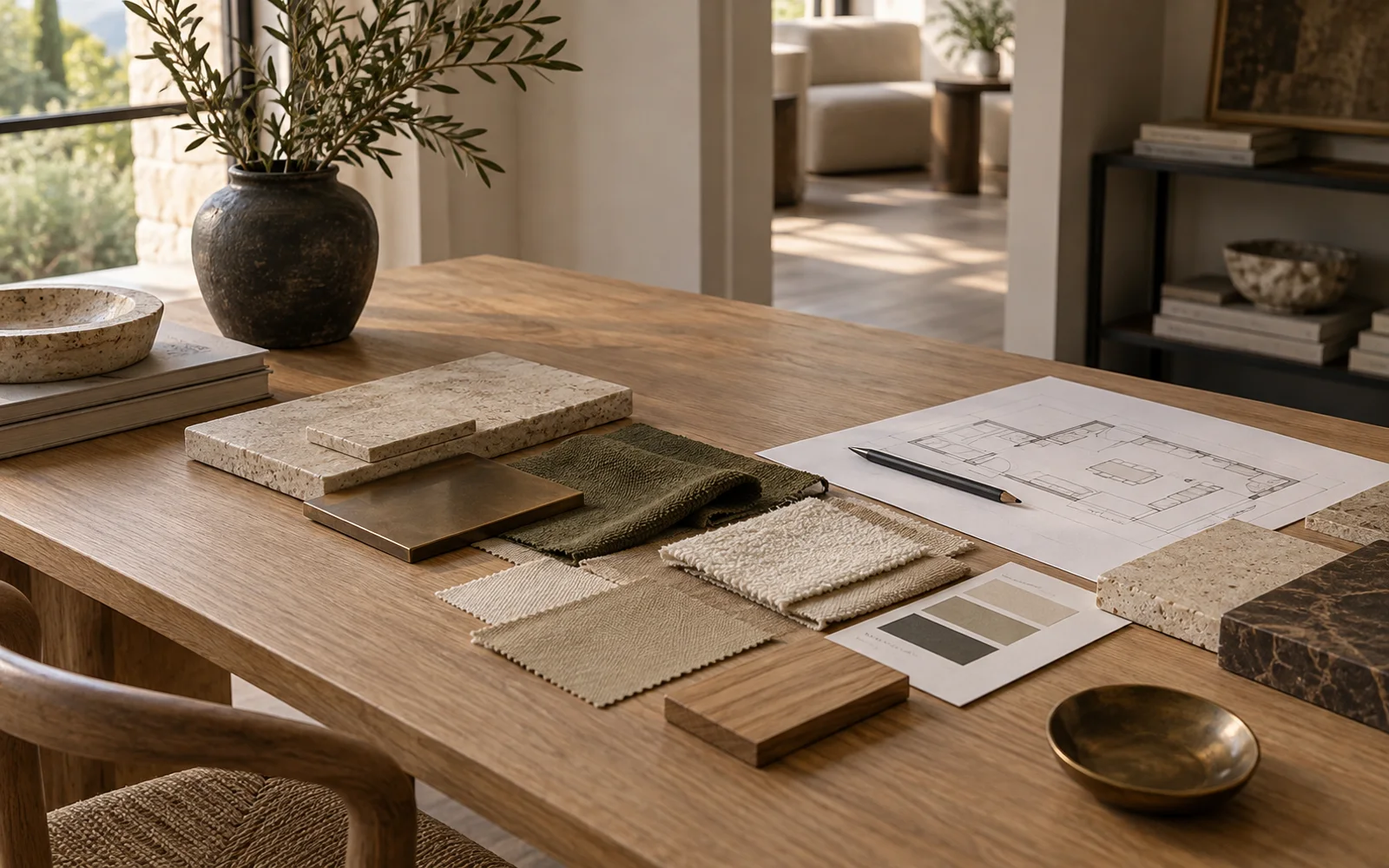 Interior design concept mood board with timber, stone, metal, fabric and a furniture plan arranged on a studio table