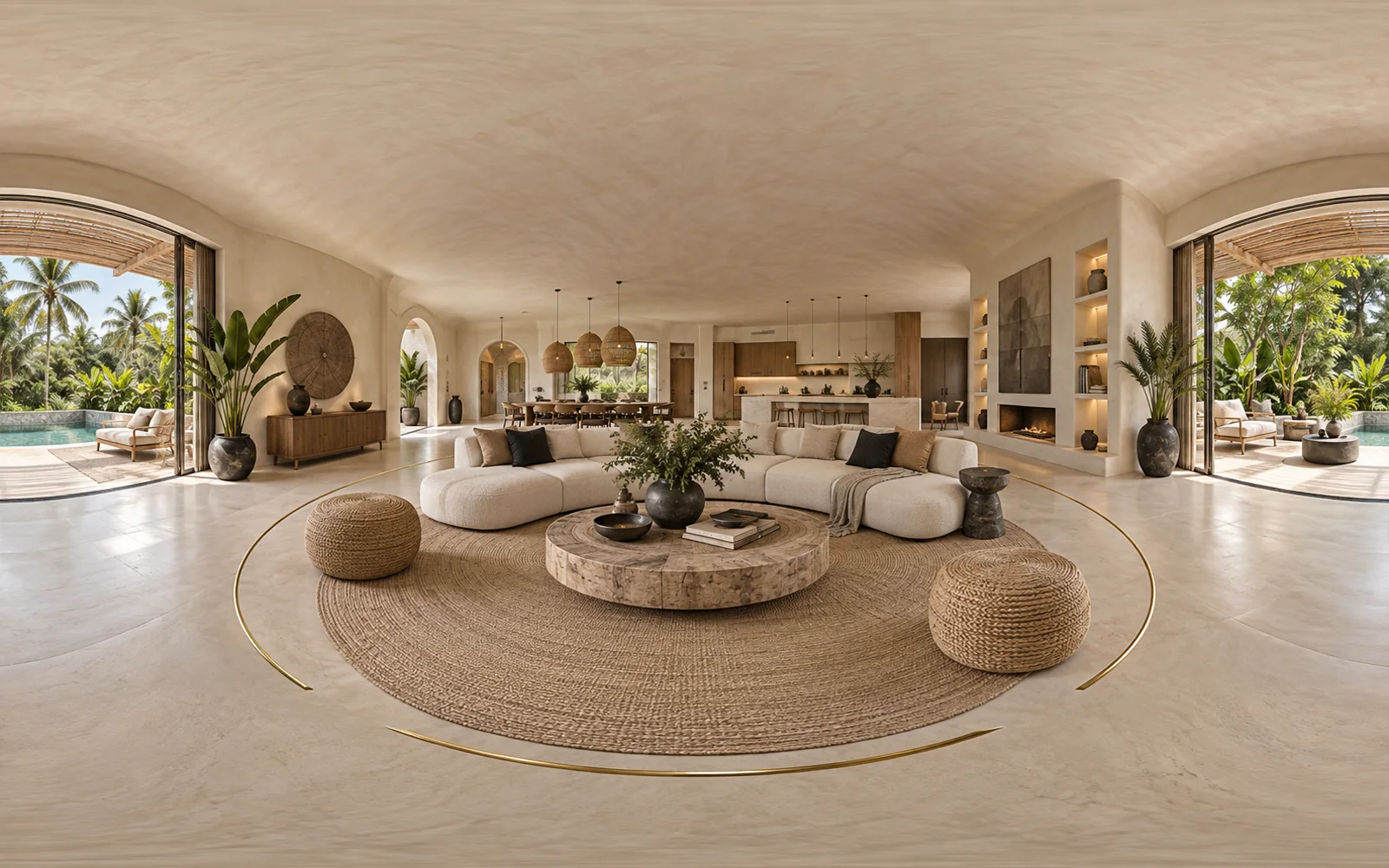 Wide immersive 360-degree interior visualization of a modern boho villa living space