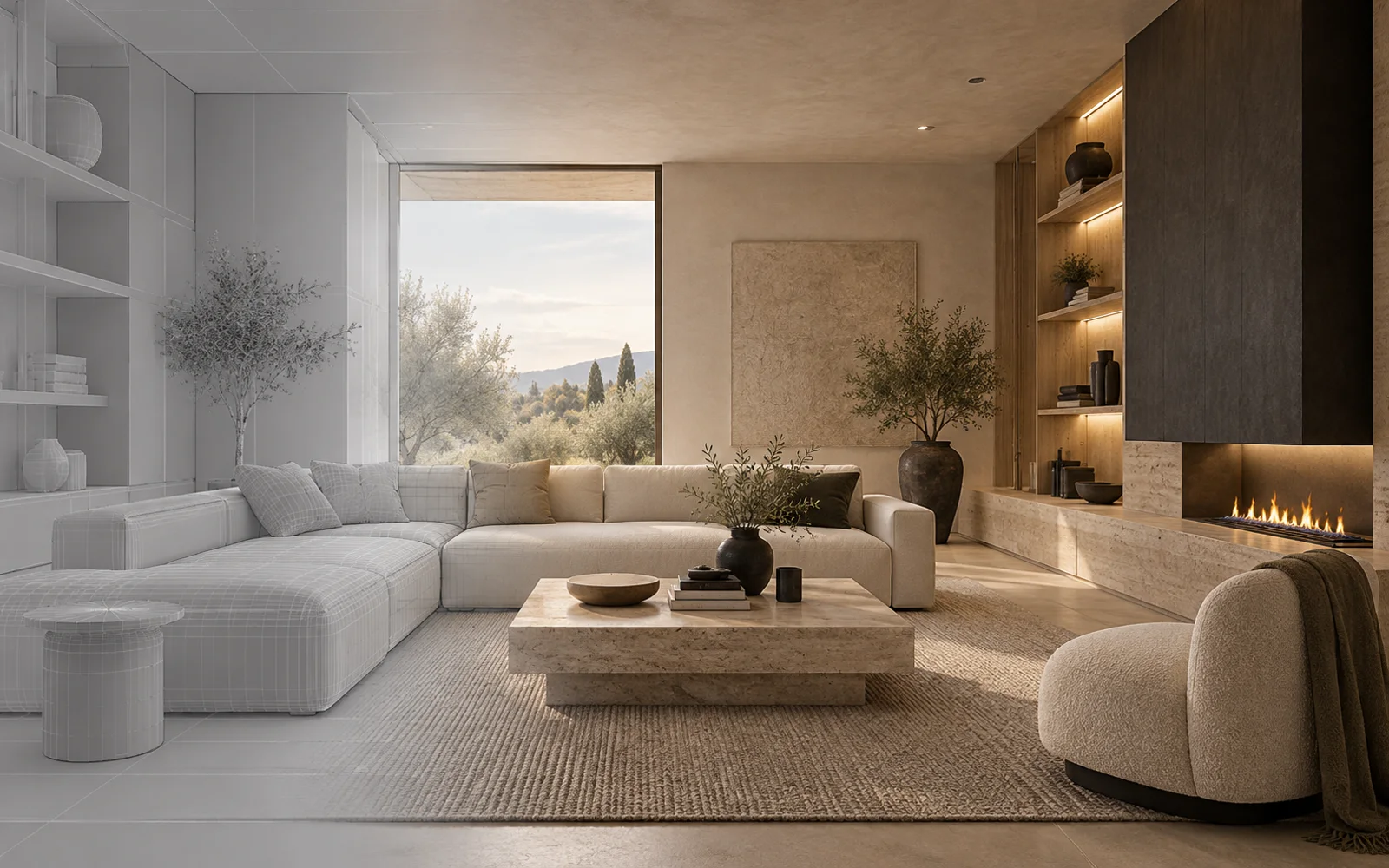 Interior 3D render showing the transition from a clay model and wireframe to a finished photorealistic visualization