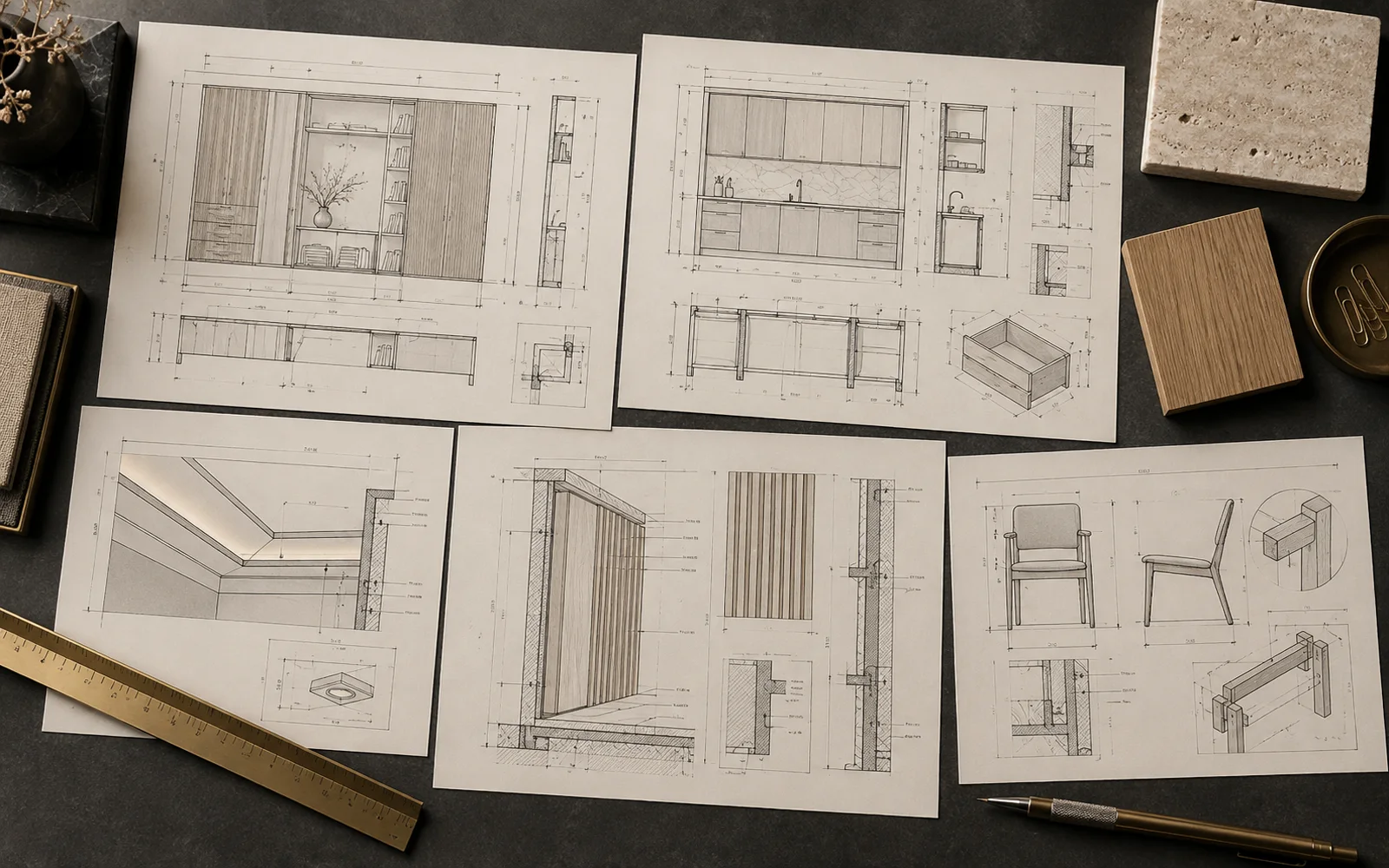 Interior shop drawing set with joinery elevations, cabinet sections, wall details and furniture fabrication drawings
